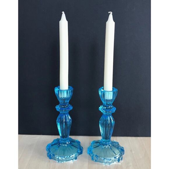 John Lewis Boho Blue Glass Candleholder Set of 2 Vintage Style Candlestick 15cm - Picture 2 of 11